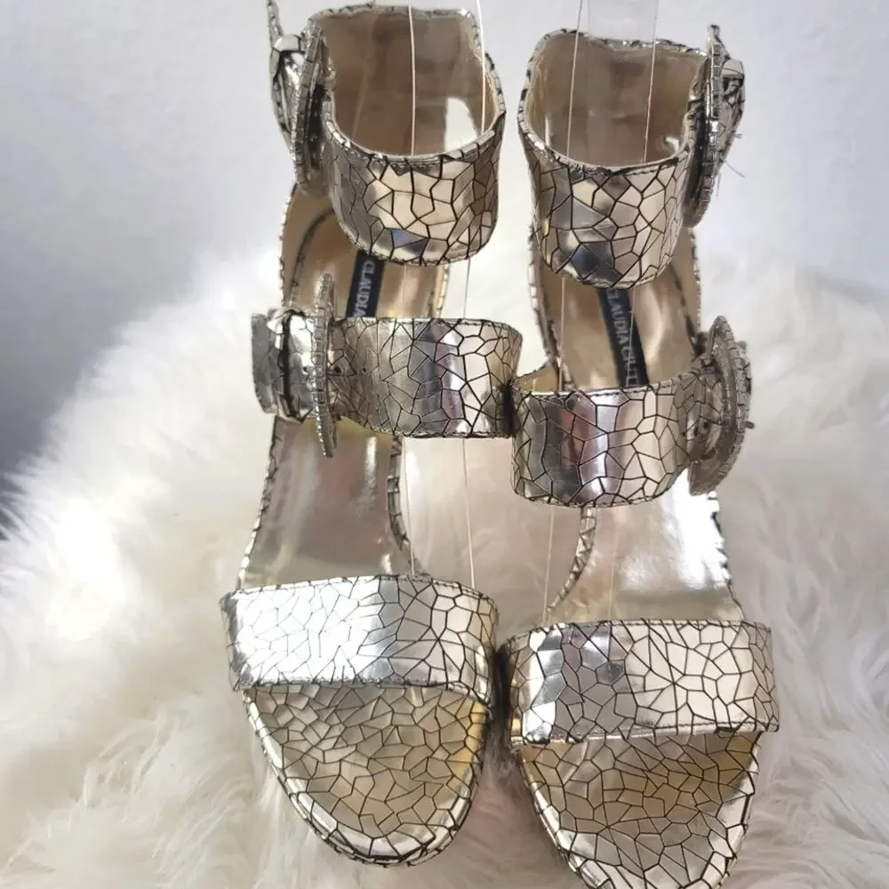 CLAUDIA CIUTI Silver Italian Mirror Mosaic Platform Heels Rhinestone Buckle Glam